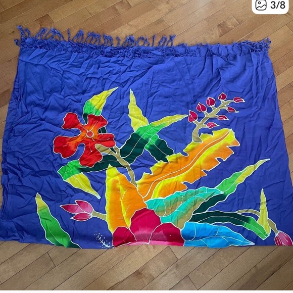 Vintage Bright Color Tropical Flowers Purple Sarong Scarf w/ Tassels - Picture 3 of 8